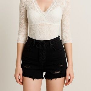 One Teaspoon Black High-Rise Distressed Denim Shorts – Lace-Up Front 25